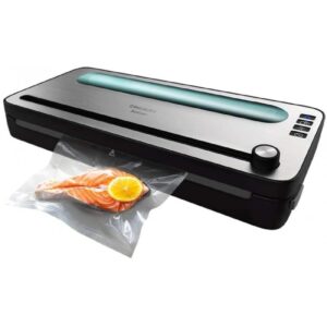 Cecotec 140-W vacuum sealer with 0.75-bar vacuum pressure that allows preserving foodstuffs fresh for longer periods of time in a simple way. Include