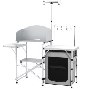 Hopfällbar campingkök med UV- & vindskydd, 3 arbetsytor, skåp och ljusställ, aluminium